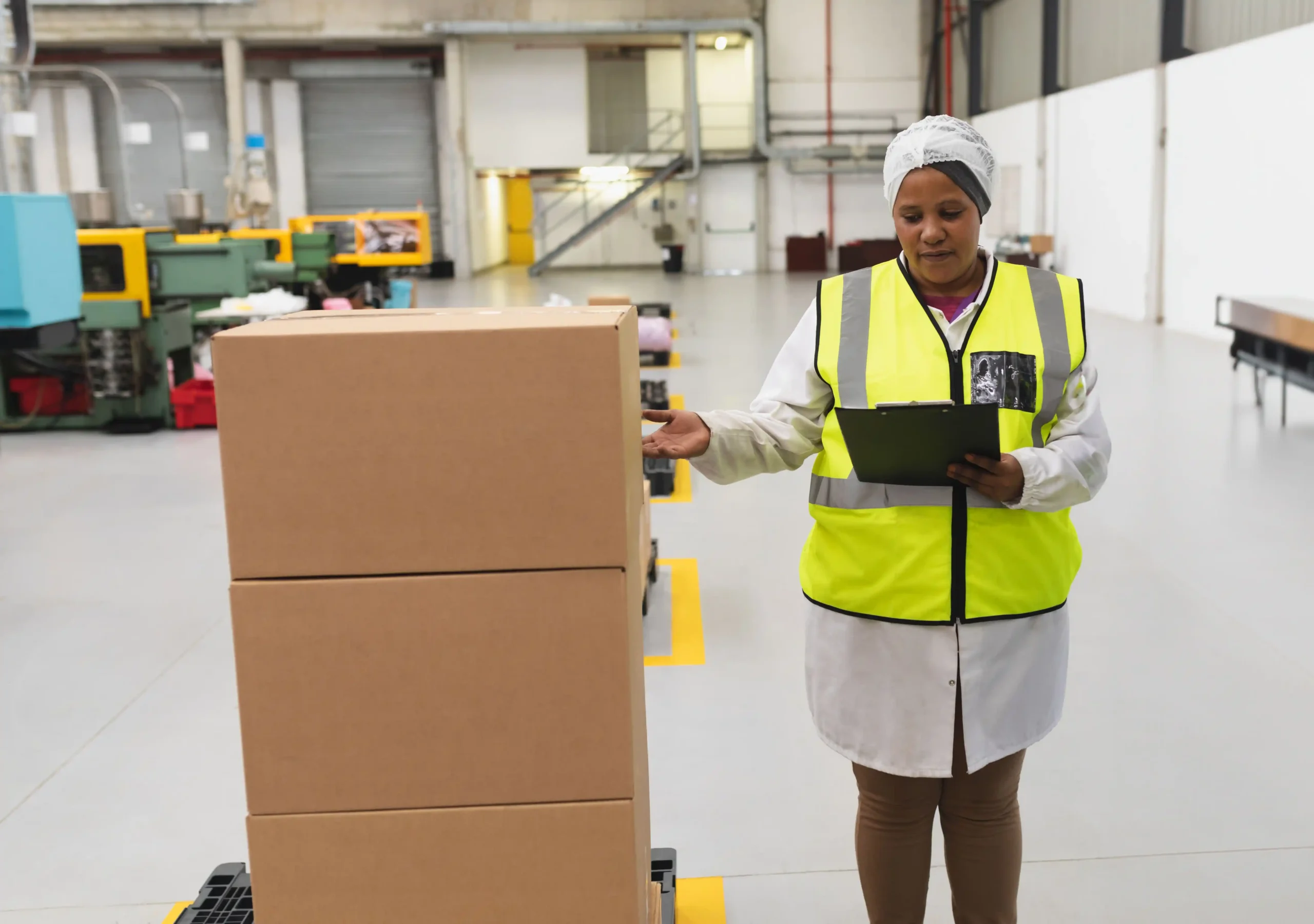 Warehouse employee inspecting stacked boxes on pallets, highlighting how does warehousing work during inventory checks and quality control processes.