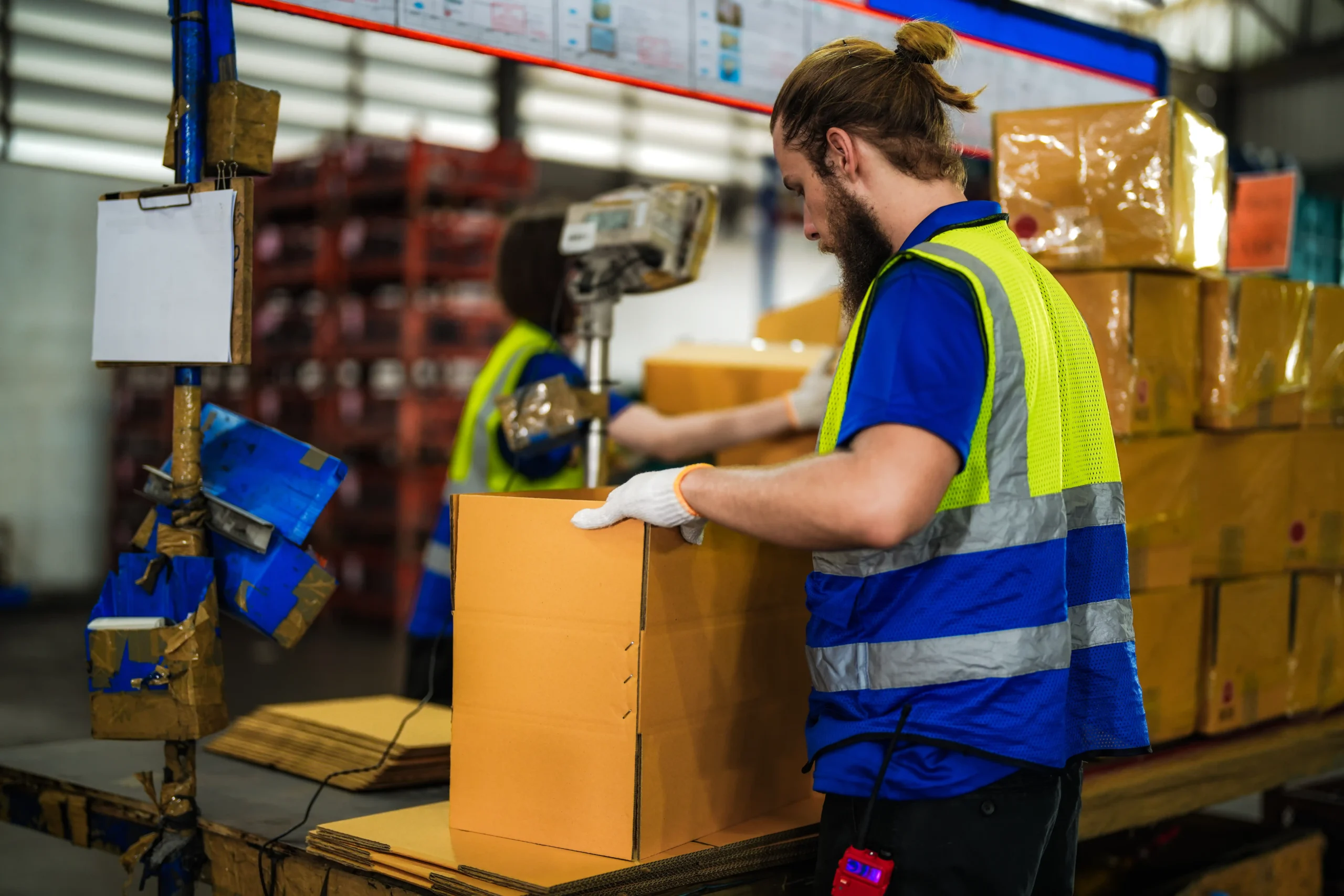 Warehouse worker inspecting packaging quality as part of a fulfillment services company workflow