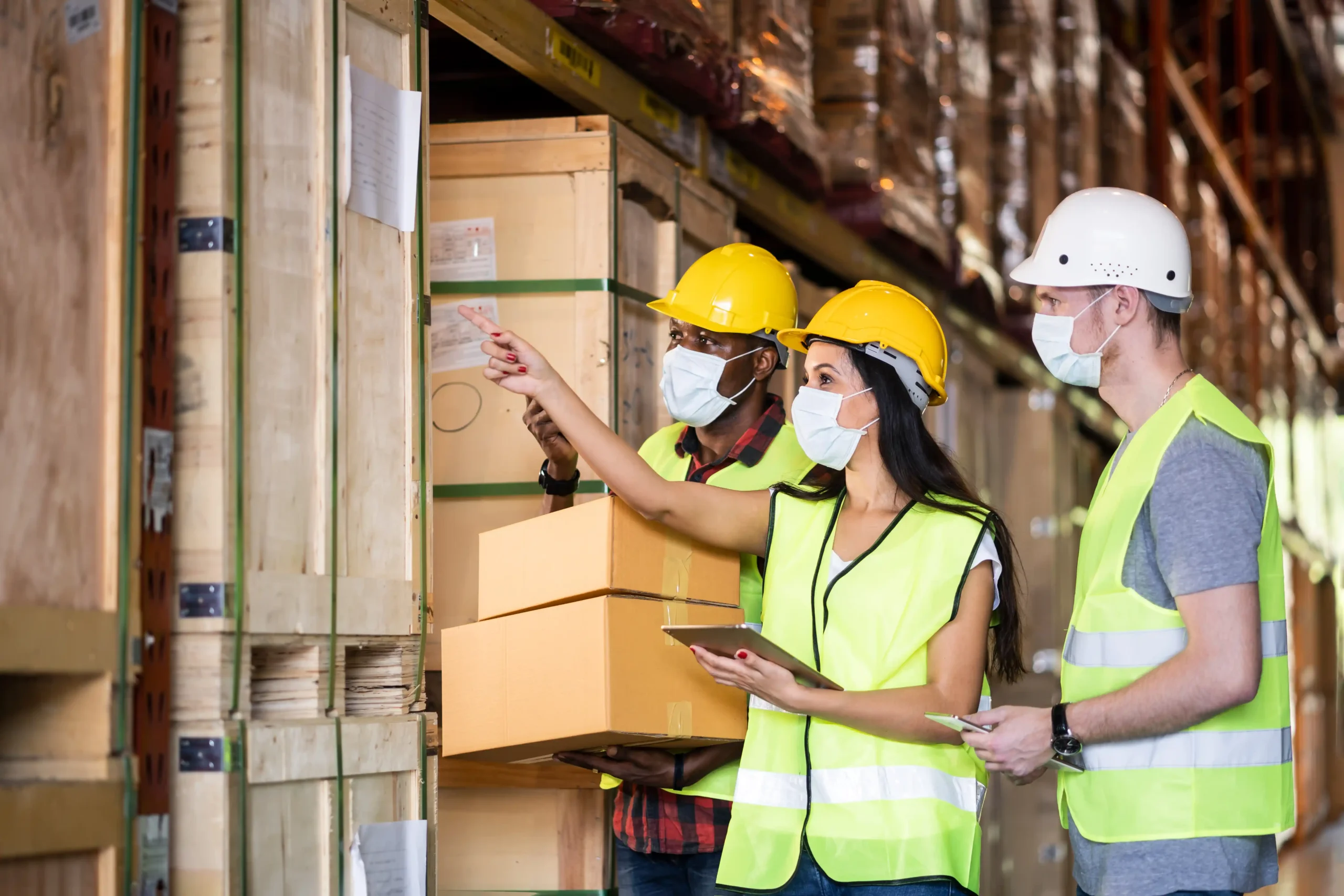Warehouse workers reviewing inventory and pointing at shelves, illustrating industrial storage ideas focused on organization and workflow planning.