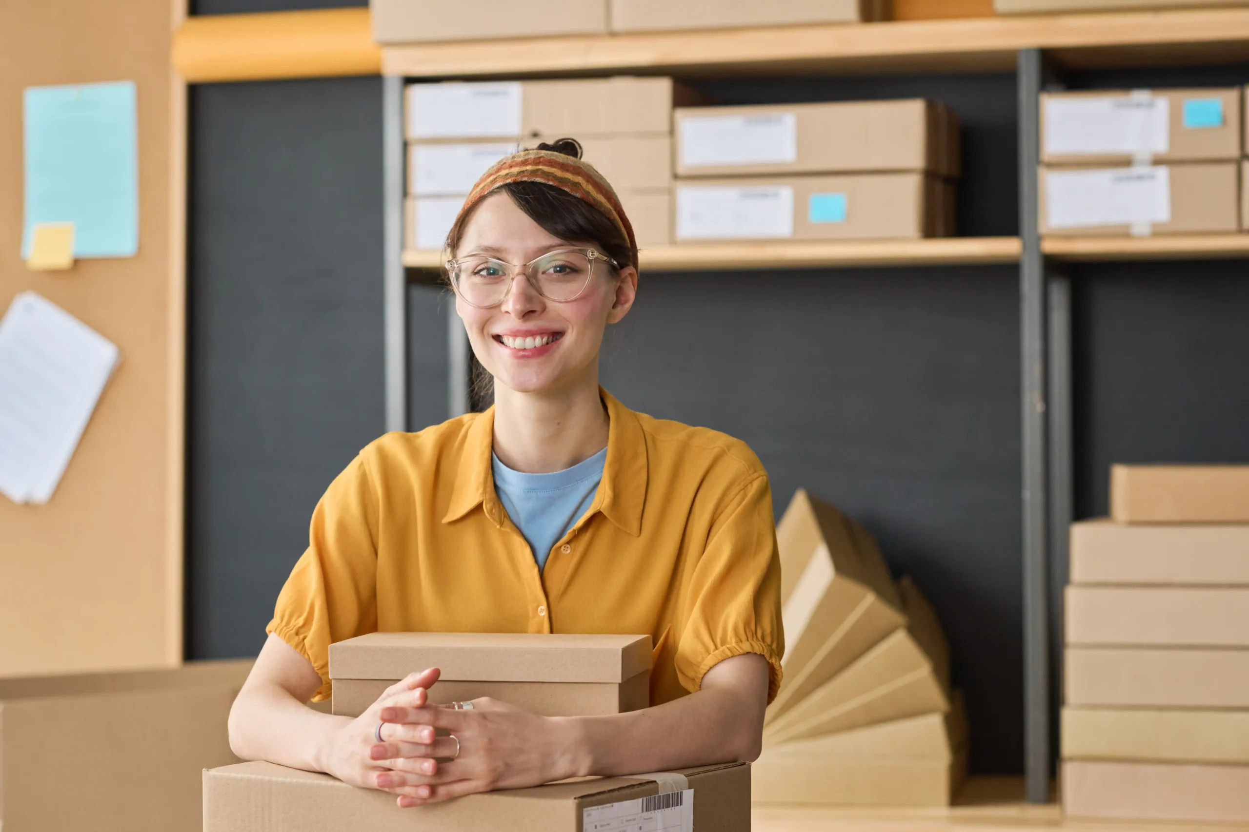 Inventory specialist organizing boxed products in storage area used for fulfillment services california