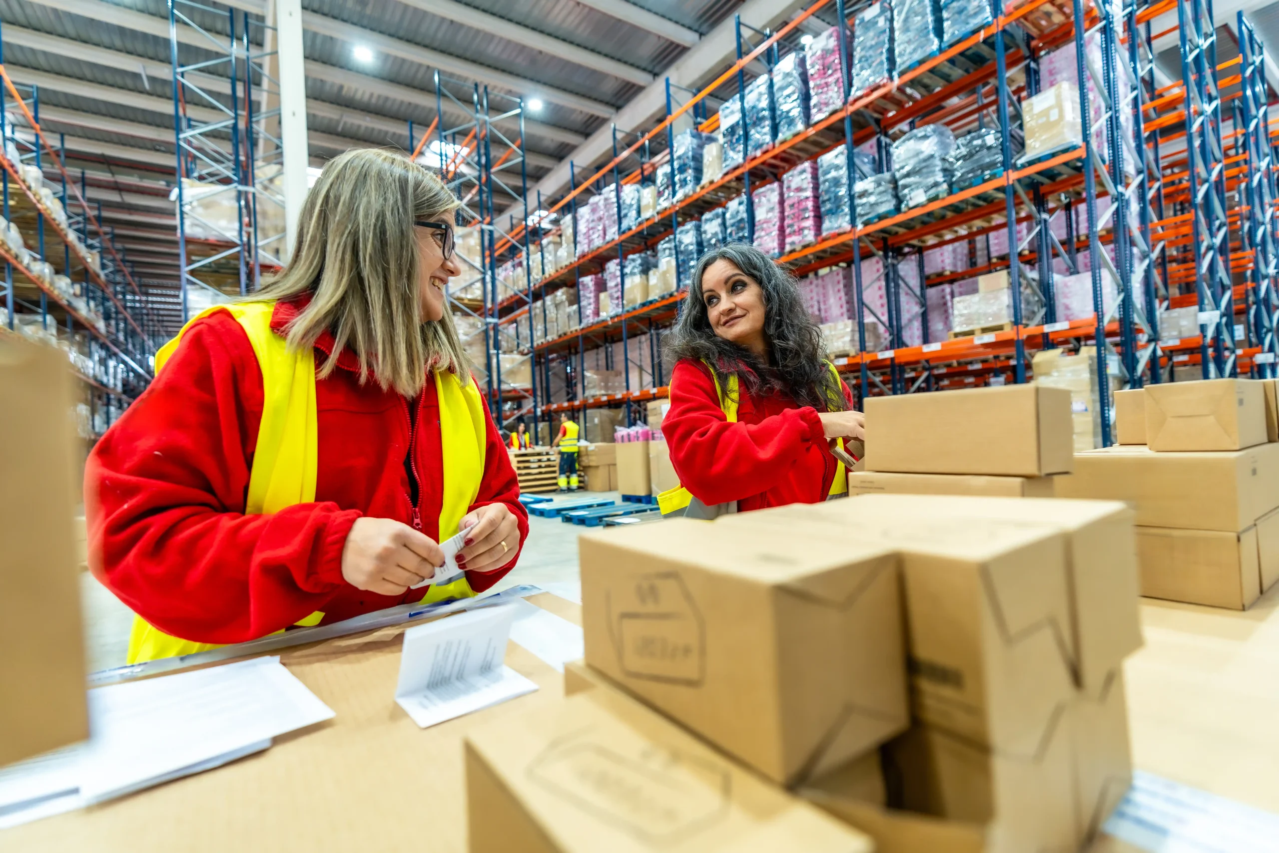 Women organizing shipments and preparing orders inside a busy 3pl warehouse storage center with high racking systems.