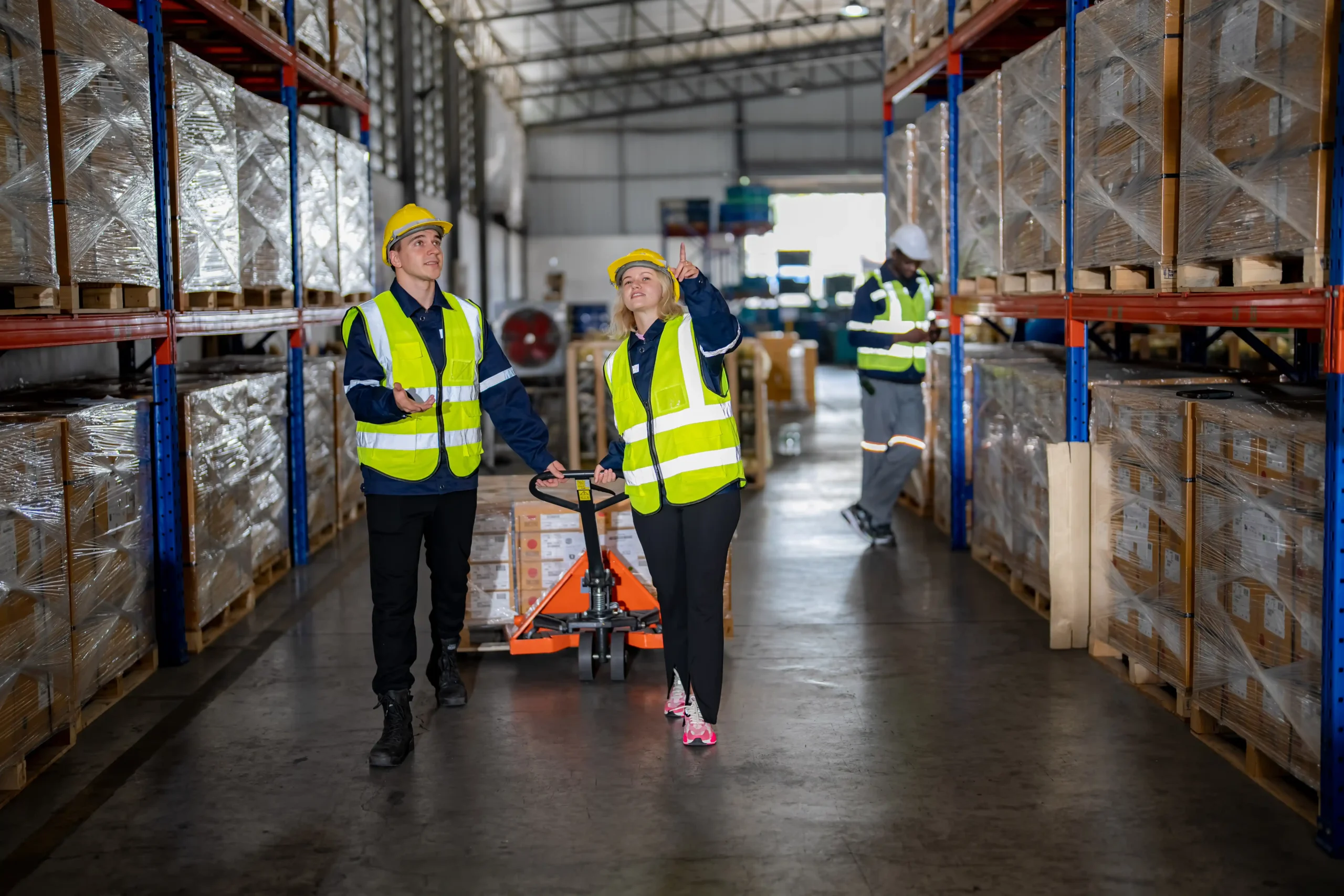 Workers moving cartons in a facility featuring pallet racks and mixed types of warehouse storage configurations.