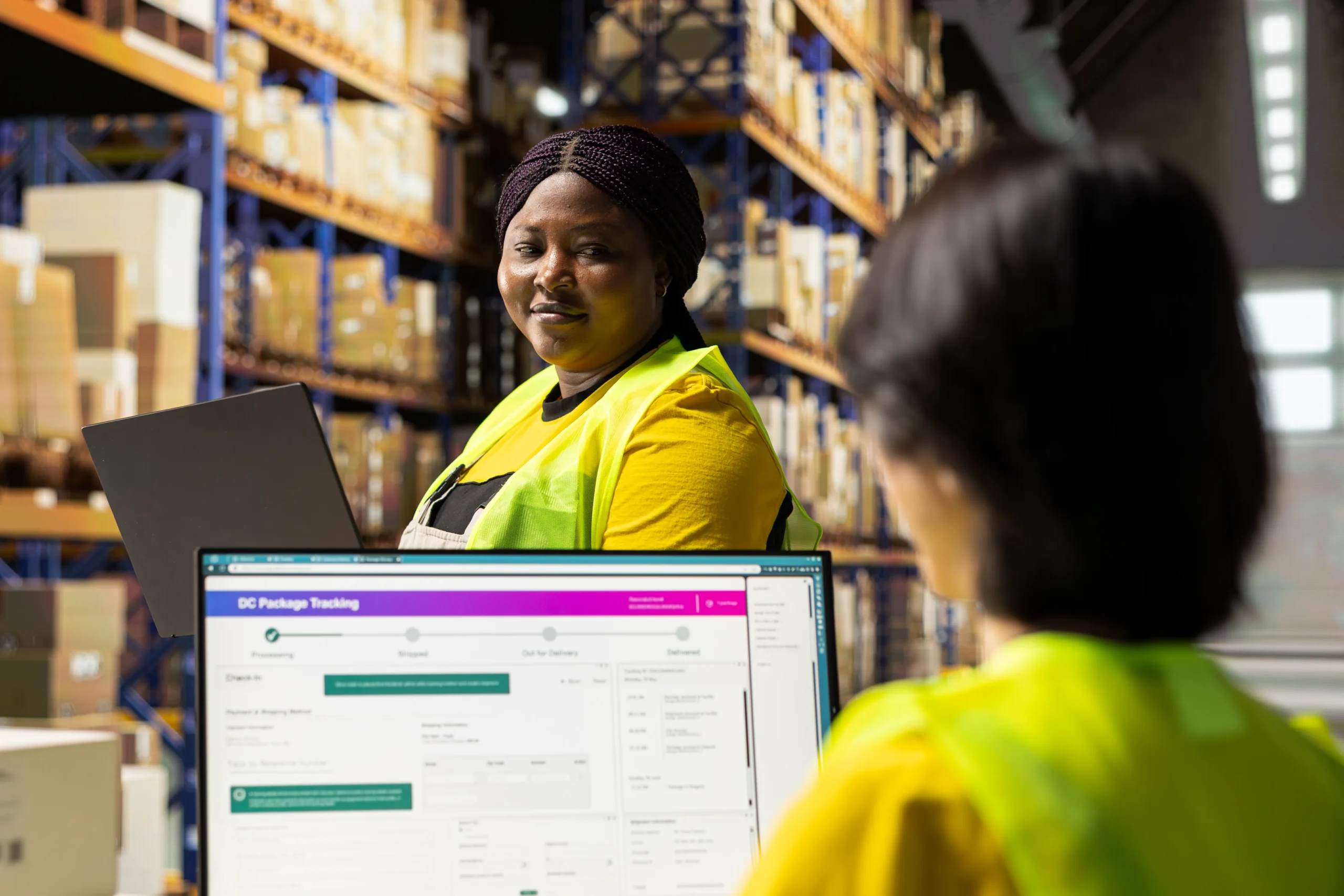 Warehouse staff using digital tools to track packages and improve accuracy through warehouse storage optimization.