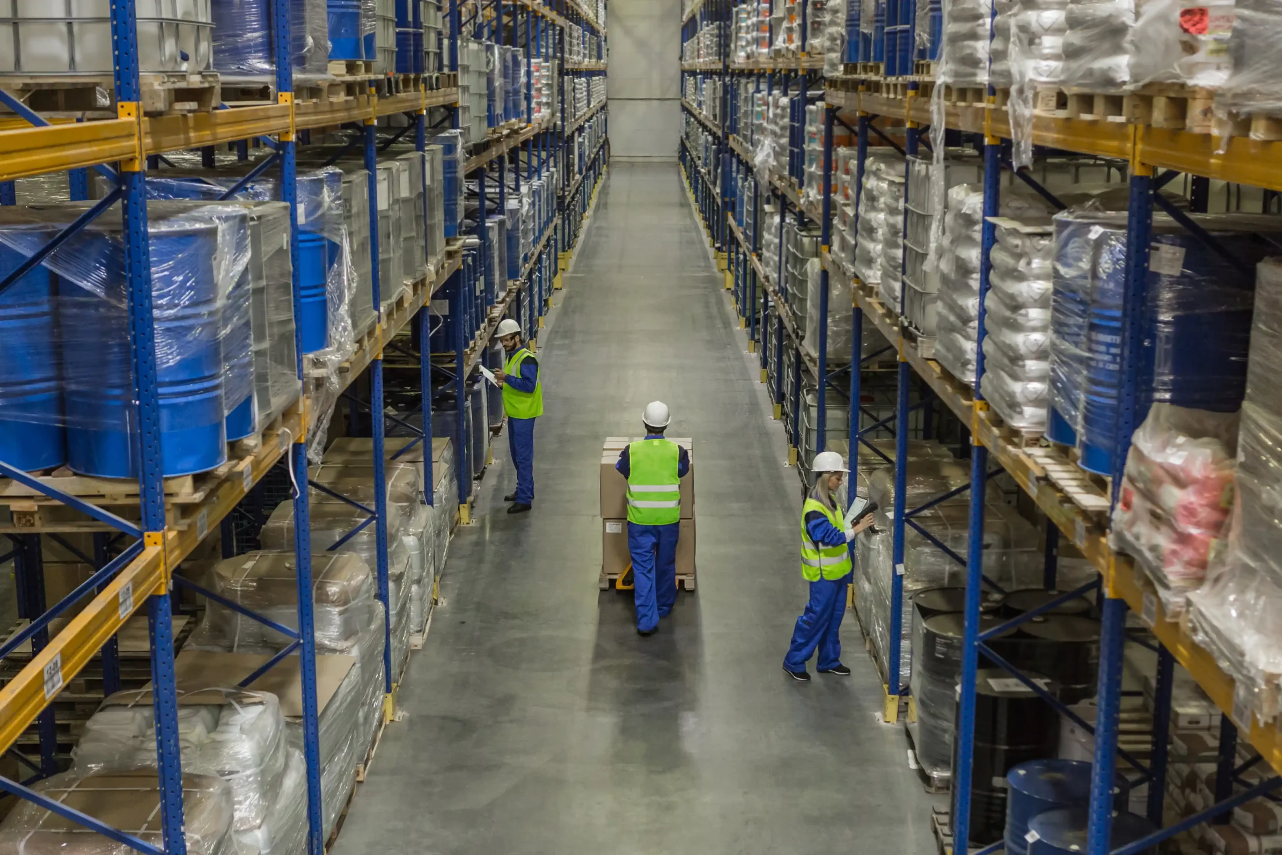 Warehouse workers inspecting inventory and organizing racks within a structured warehouse storage layout.