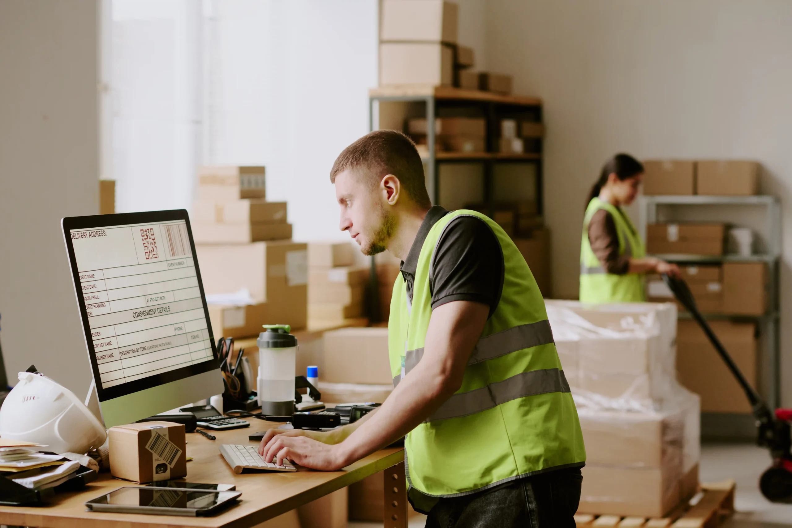 Warehouse operator working at a computer station with boxes and warehouse storage racking systems visible in the facility.