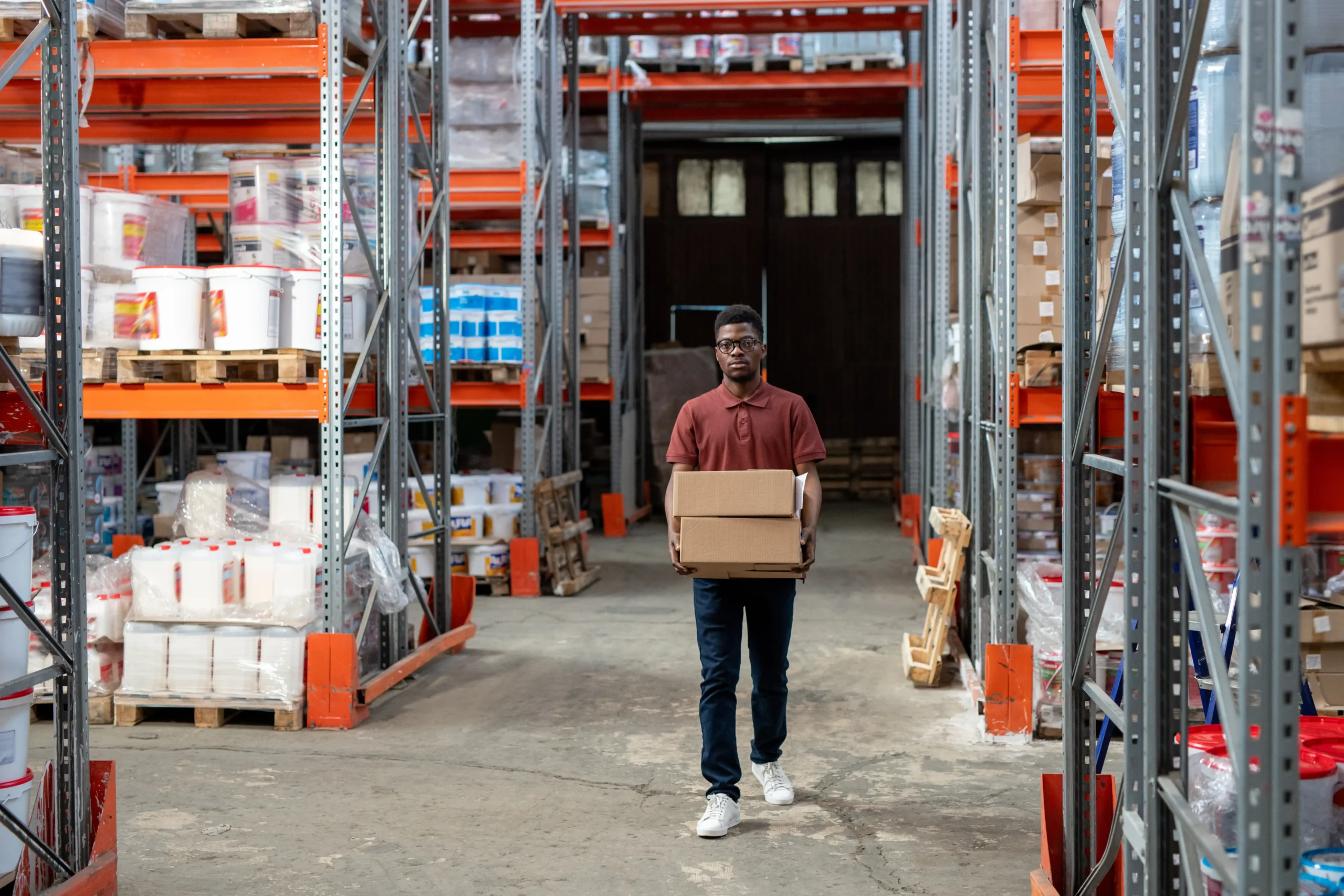 Warehouse employee transporting outbound shipments through aisles for fulfillment services california