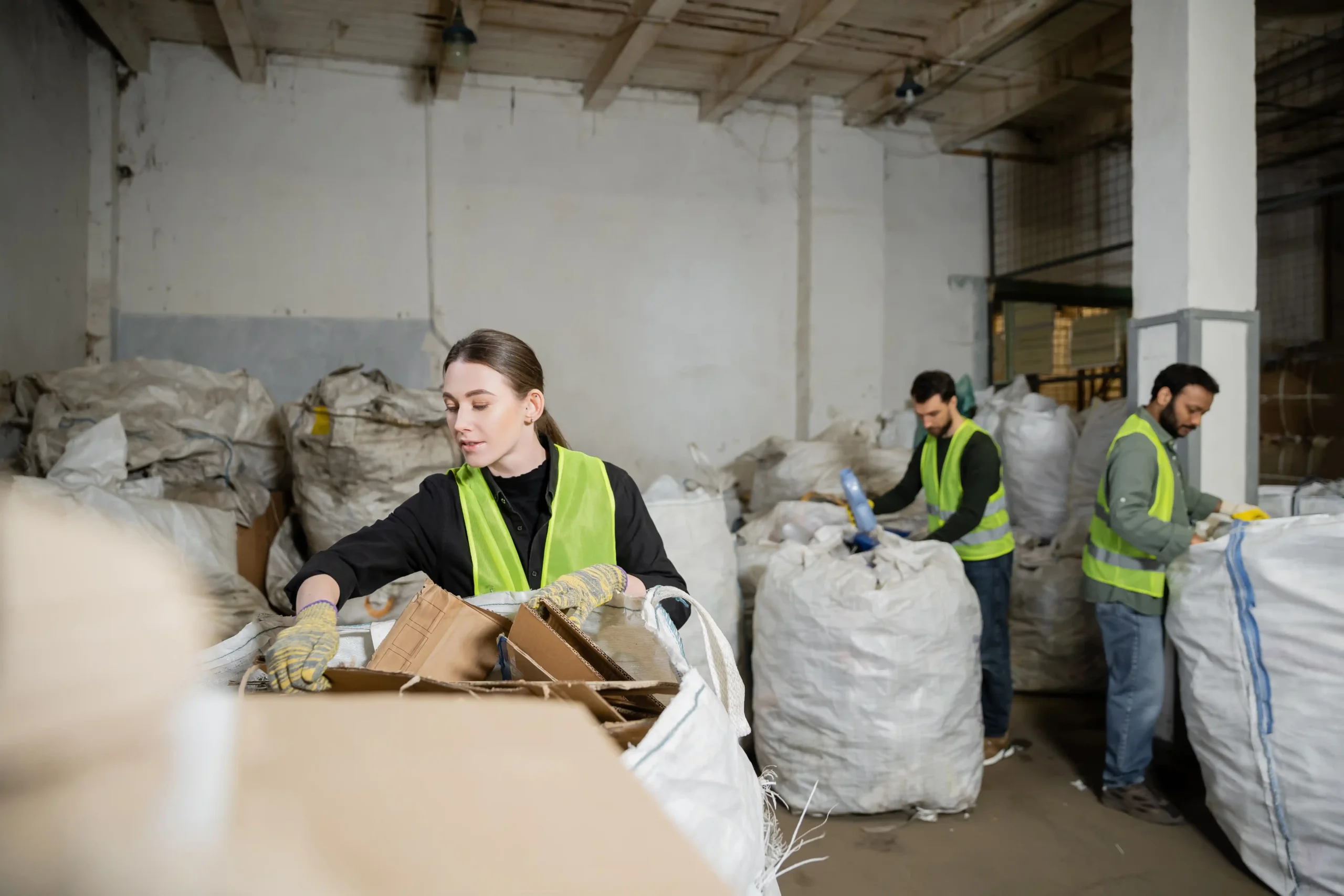 Warehouse workers sorting recycled materials and packaging components using bins for warehouse storage to stay organized.